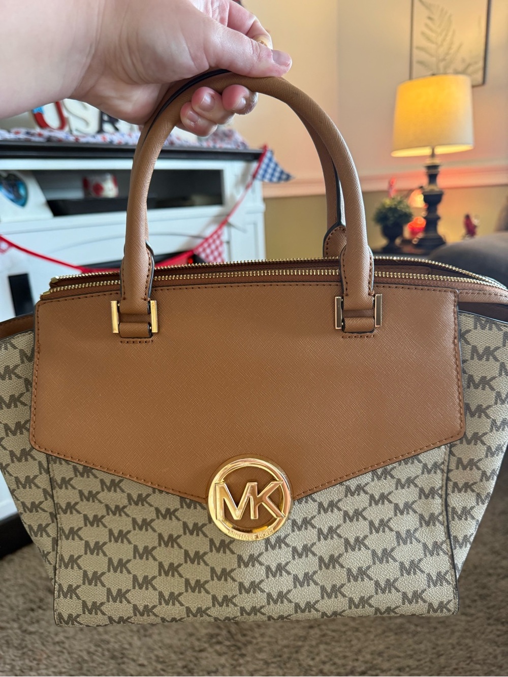 Michael Kors Tan and Beige MK Logo Satchel